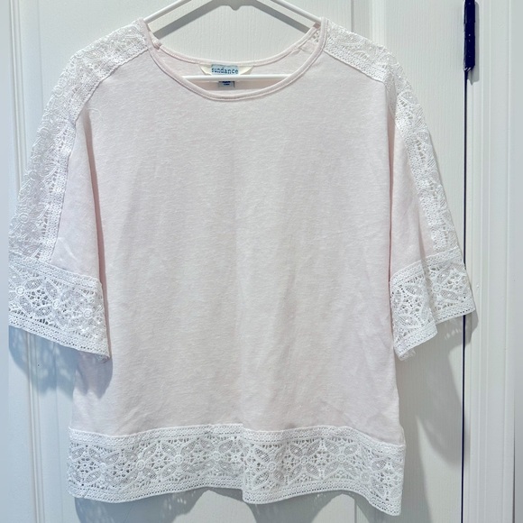 Sundance Dolman Sleeve Madeline Dream Boxy Linen Blend Top White Lace Detailing - Picture 2 of 7